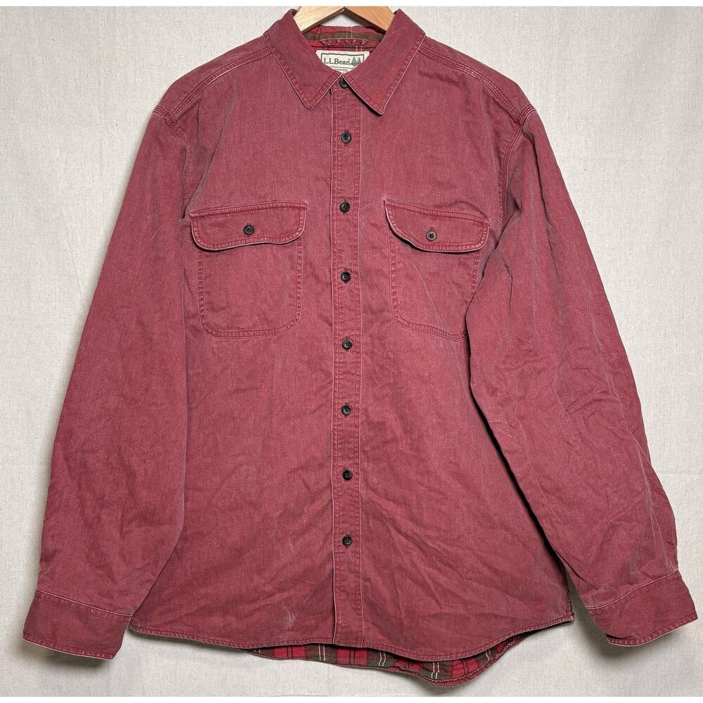 Vintage LL‎ Bean Shirt Mens Sz L Denim Red Jean Plaid Flannel Lined Workwear